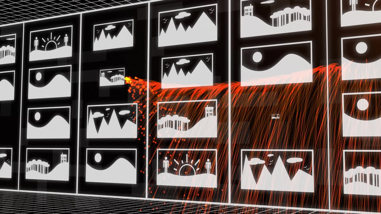 animación de imágenes de perfil digital, códigos binarios en caída y patrón abstracto sobre fondo negro