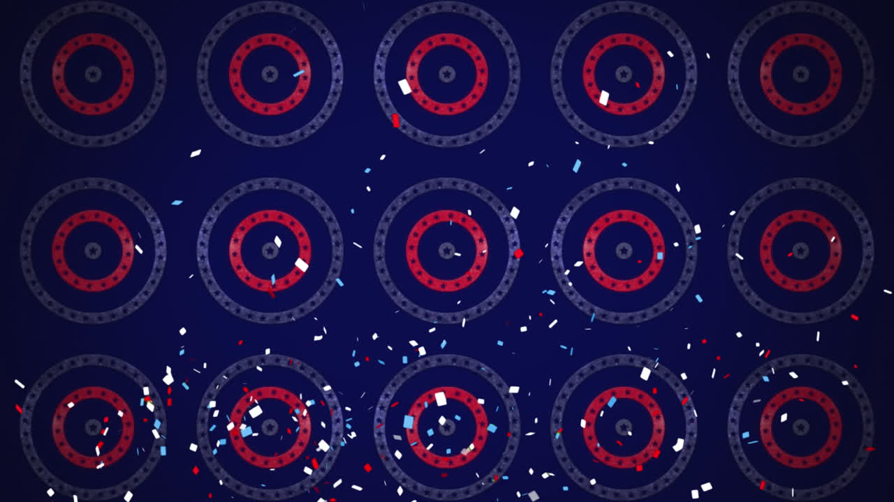 Animation af faldende konfetti på rækker af cirkler, der roterer med amerikanske flagstjerner og striber.