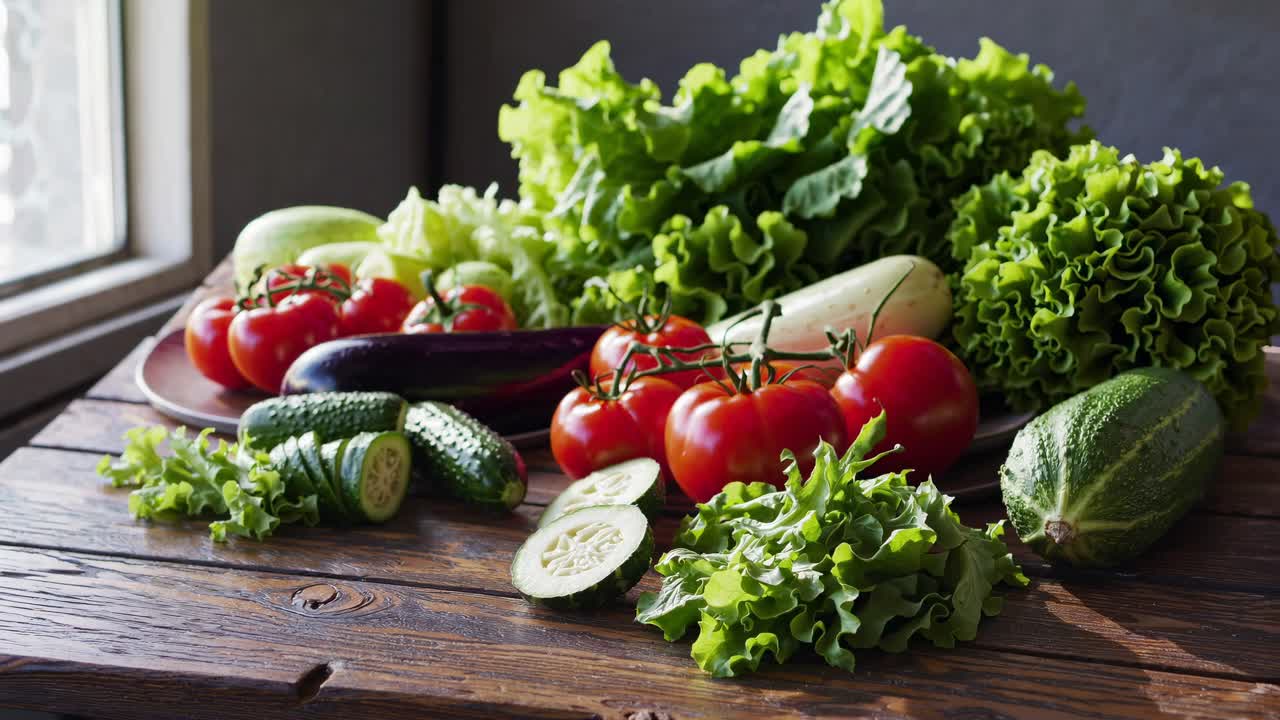 A rustic video scene of fresh vegetables on a wooden table, captured from a side angle with natural