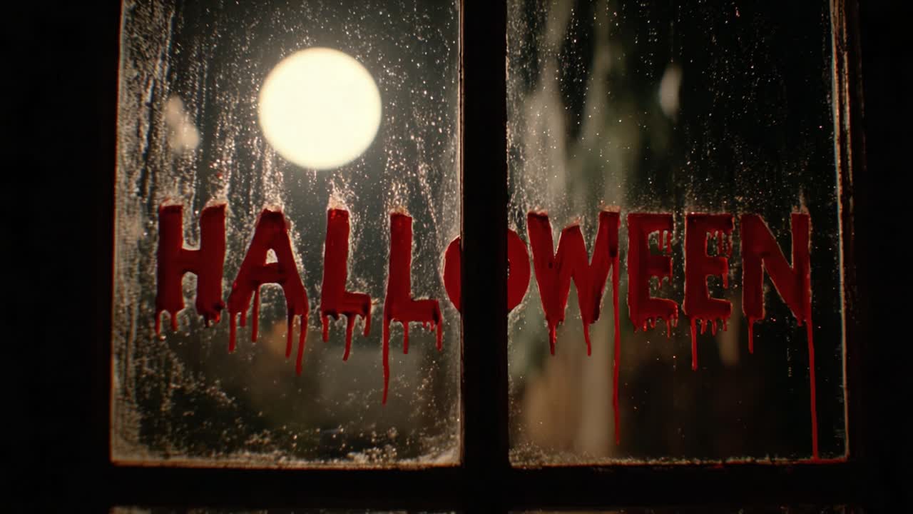 Spooky red writing spelling Halloween with dripping blood on a window pane during a stormy night with a full moon, creating a perfect atmosphere for a horror movie or scary celebration