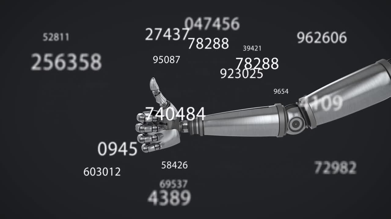 анимация цифр, меняющихся над роботом, поднимающим большой палец на черном фоне