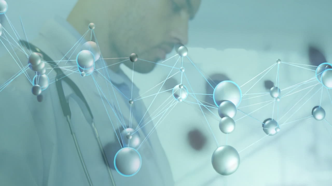 Doctor wearing lab coat and stethoscope interacting with floating molecular network in health tech