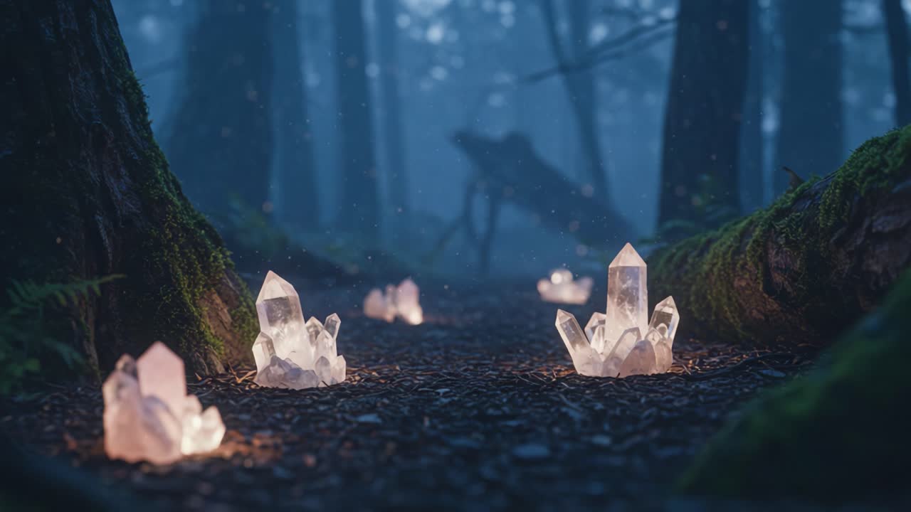 Mesmerizing Pathway through Enchanted Forest Adorned with Shimmering Crystals Illuminated by Misty Moonlight, Inviting Exploration and Wonder