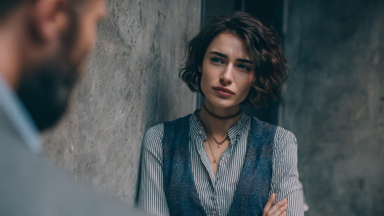Una conversazione tesa si svolge tra due persone con emozioni forti, catturando le espressioni sfumate e le occhiate contemplative dell'enigmatica donna in un ambiente malinconico