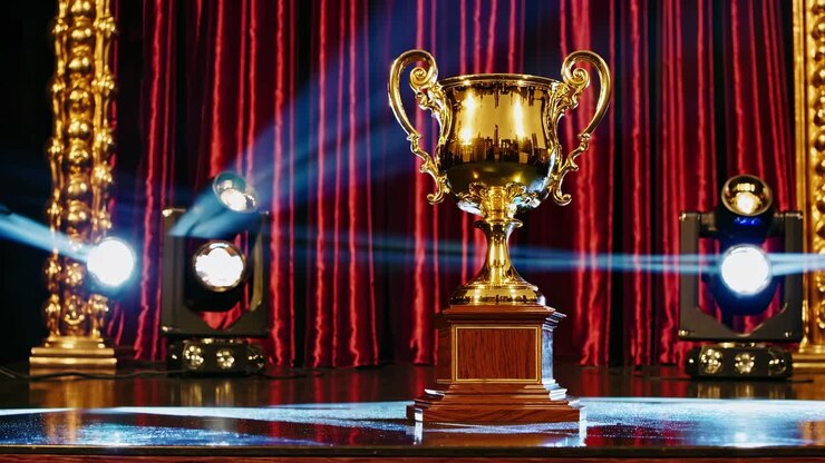 A dramatic low-angle shot of a trophy on stage, illuminated by spotlights and red curtains