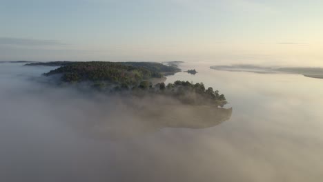 Aerial-drone-orbit-of-Swedish-wooded-misty-lake-headland-at-dawn-in-golden-light