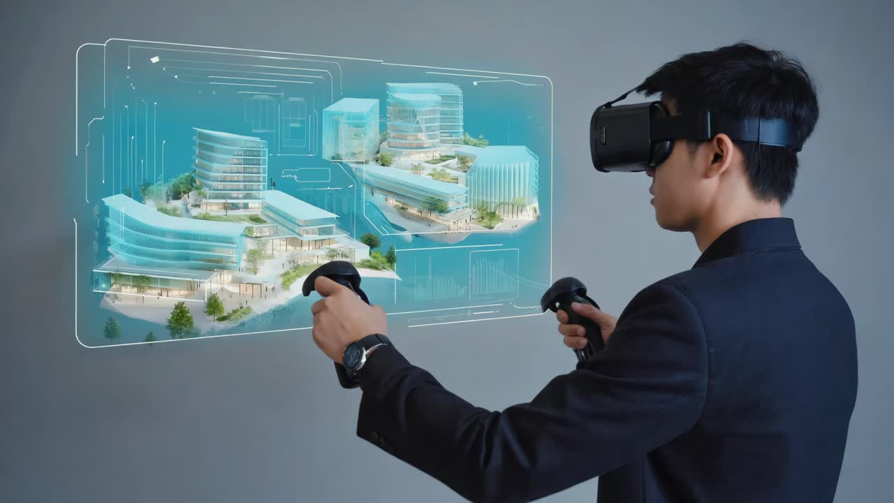 Man using VR headset and controllers to interact with holographic architectural design