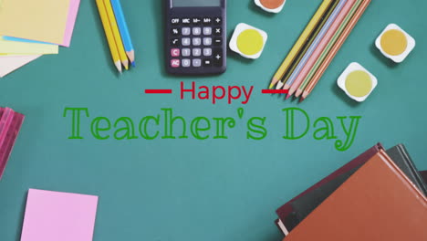 animation of happy teachers day text banner against school equipment on green surface