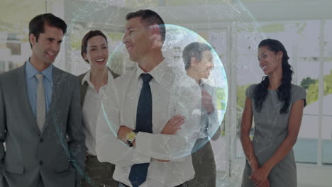 business technology team standing in bright office space, projecting globe with network nodes