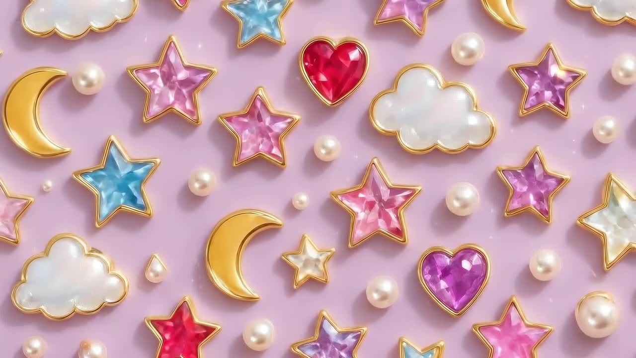 Vista dall'alto di stelle e nuvole colorate, simili a gemme, su uno sfondo pastello, ideale per video