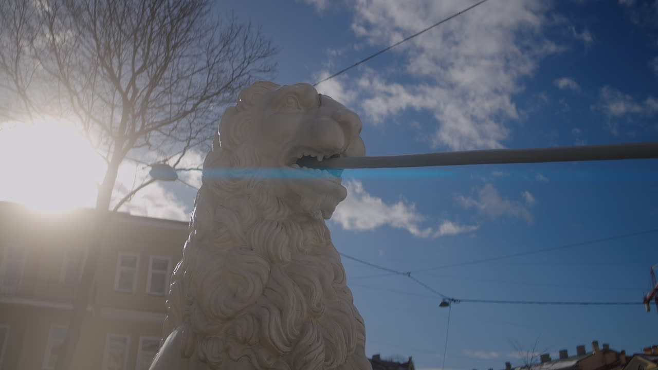 도시 공원 에 있는 돌 로 만든 사자 동상