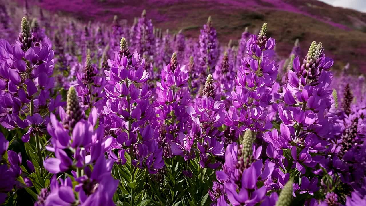 Zoom ud fra kameraet, der afslører tætte, lilla lupinspidser på engen, for at afsløre en bjergside