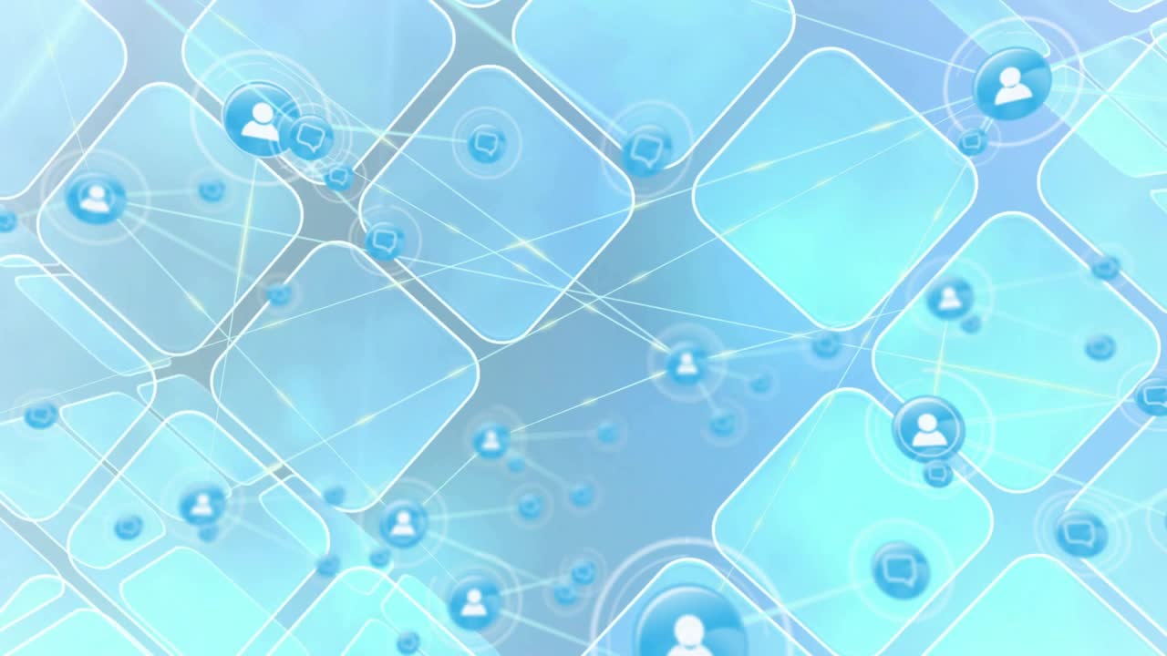 Light flare emerging left revealing user-node, network building with glowing lines and cube icons