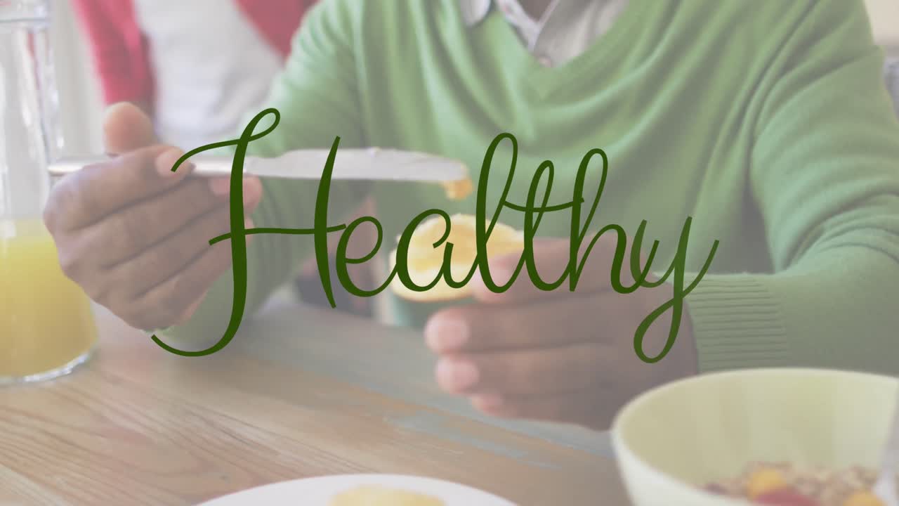 아프리카계 미국인이 아침 식사를 하는 건강한 텍스트의 애니메이션