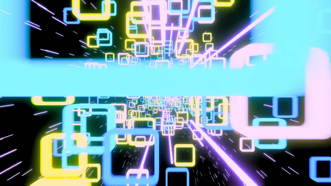 Abstrakte Neon-Quadrate fliegen durch digitalen Tunnel