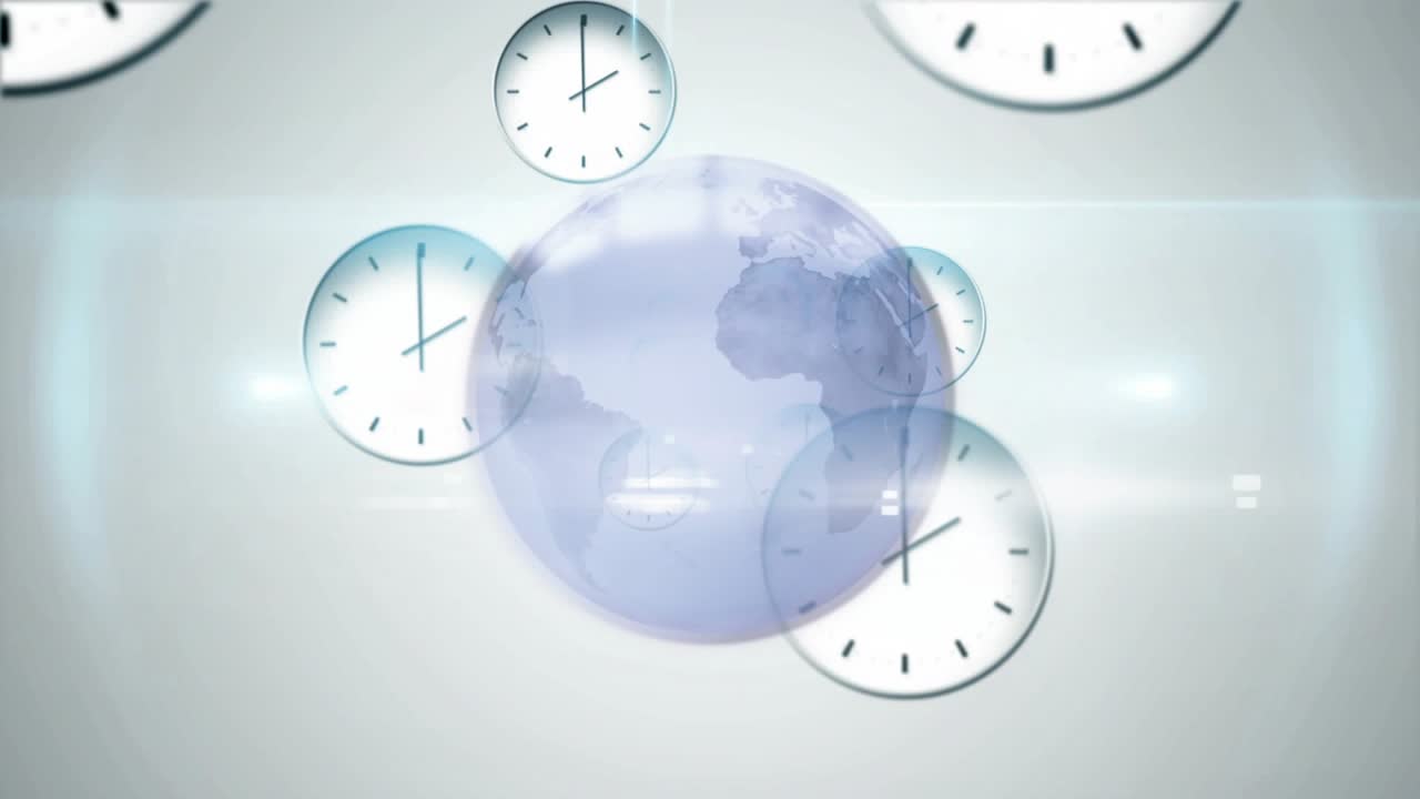 Vertical video: Opening globe growing, rotating in 3D studio with orbiting clocks forming layers