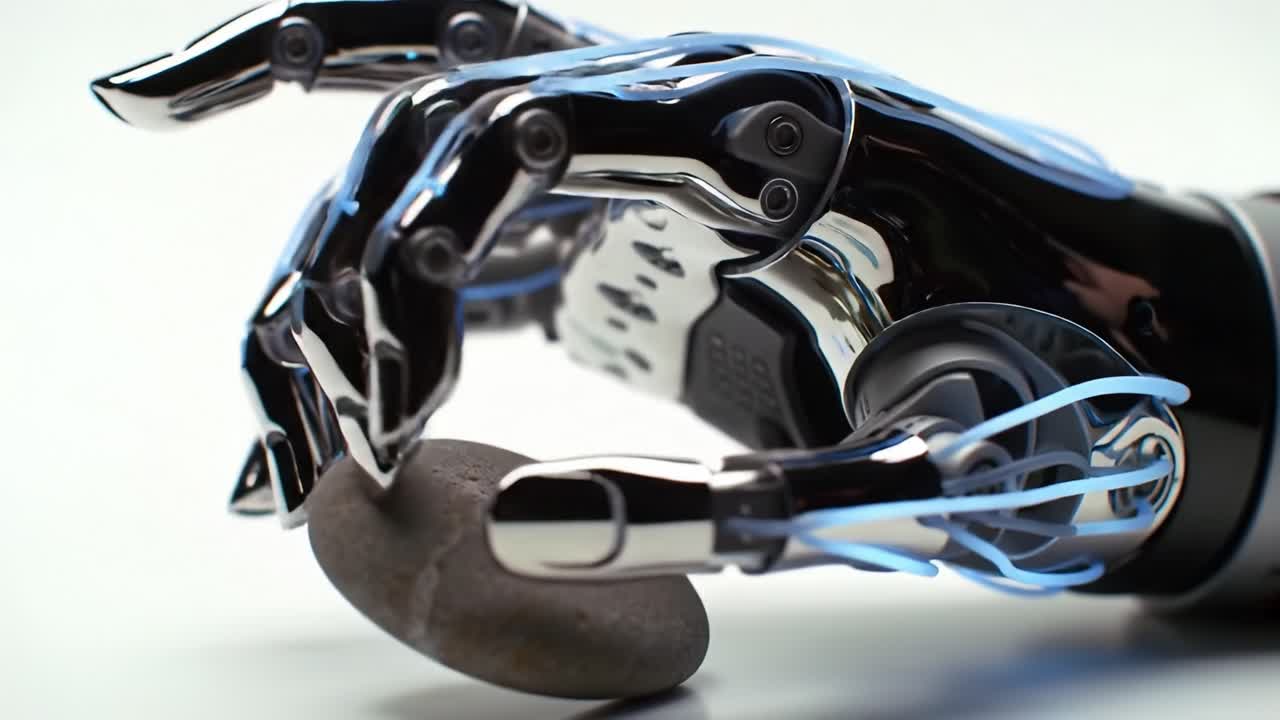 A Close-Up View of a Robotic Hand Skillfully Grasping a Stone, Showcasing Advanced Technology and Precision Engineering in Robotics and Human-Machine Interaction