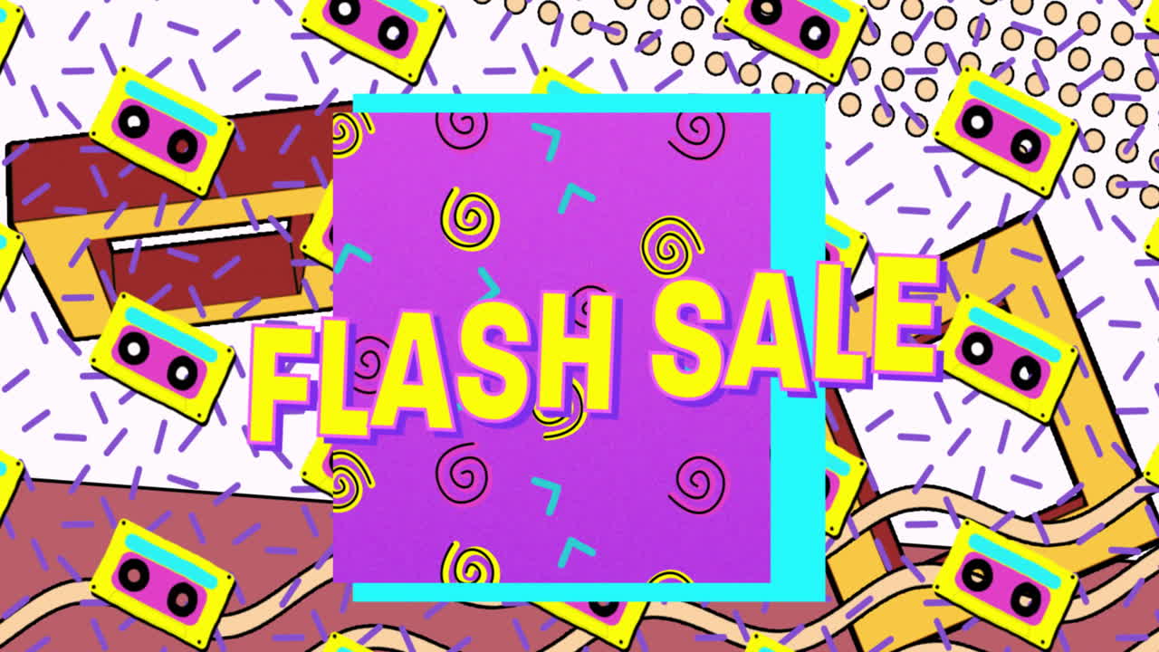 보라색 배너에 있는 플래시 판매 텍스트와  ⁇ 색 배경에 있는 원활한 패턴의 vhs 테이프 아이콘