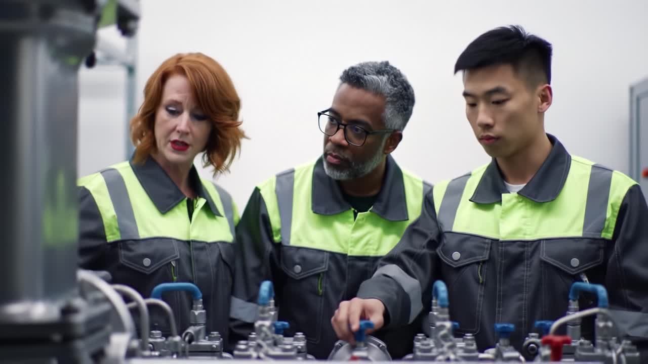 Team Collaboration in Industrial Environment: Three Professionals Examining Equipment and Discussing Operations in a High-Tech Facility Setting