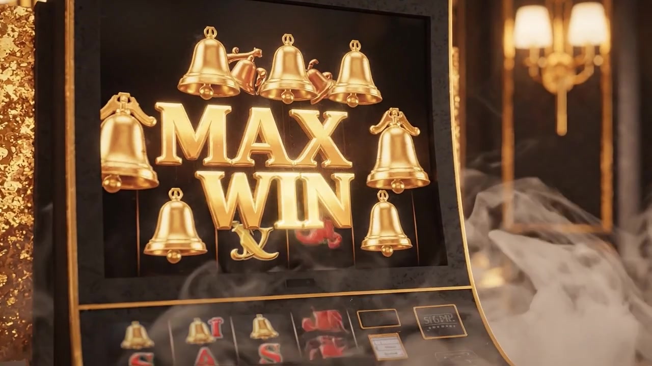 Emozionante esperienza di slot machine con grafica vivace e l'attesa di una grande vincita in un lussuoso casinò, con campane dorate e display della vincita massima.