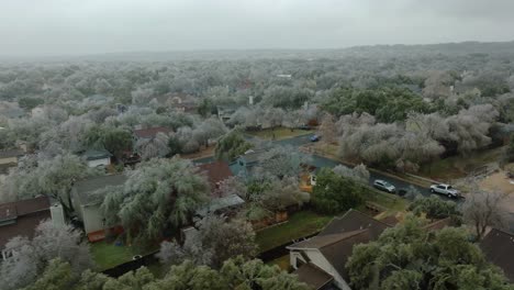 árboles-Helados-Congelados-En-El-Vecindario-Suburbano-De-Austin-Texas-Durante-La-Congelación-Del-Frío-Invierno,-La-órbita-Aérea-De-Drones-Y-La-Panorámica-Sobre-Las-Casas-Del-Sur-De-Austin