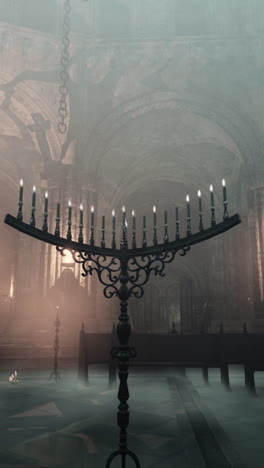 a dark and mysterious church interior with a candelabra