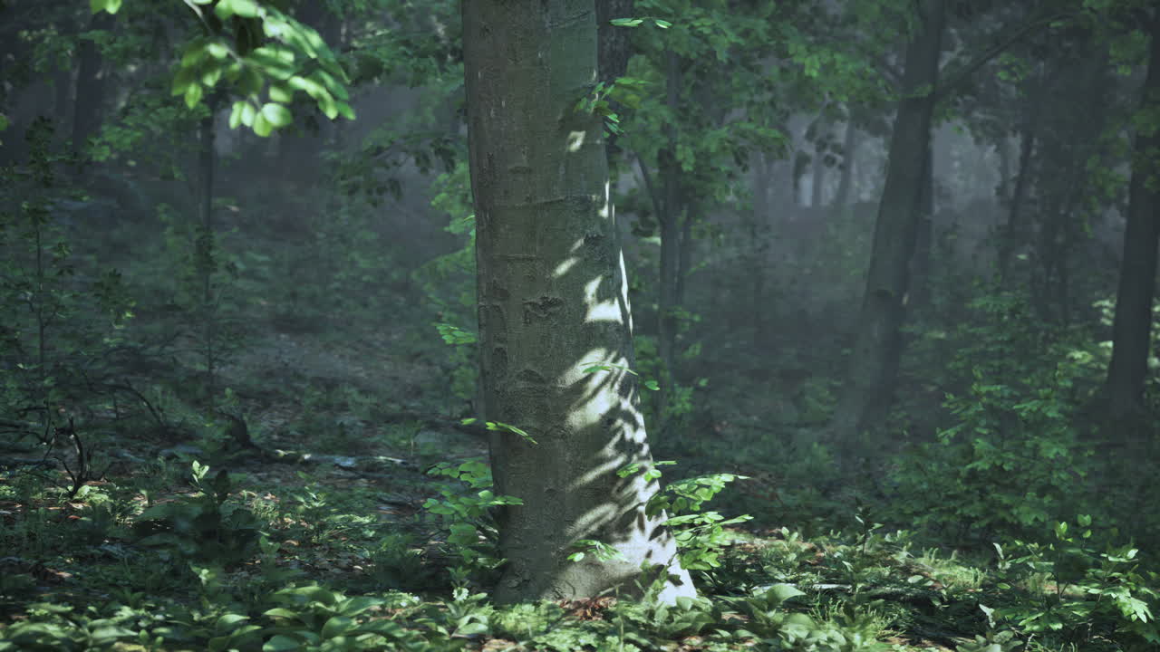 안개를 통해  ⁇ 빛으로 조명된 나무의 숲