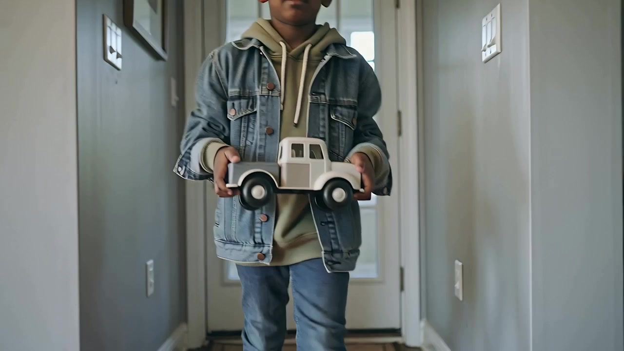 Reaching for white truck on doormat, child in denim jacket and hoodie walking hallway presenting it