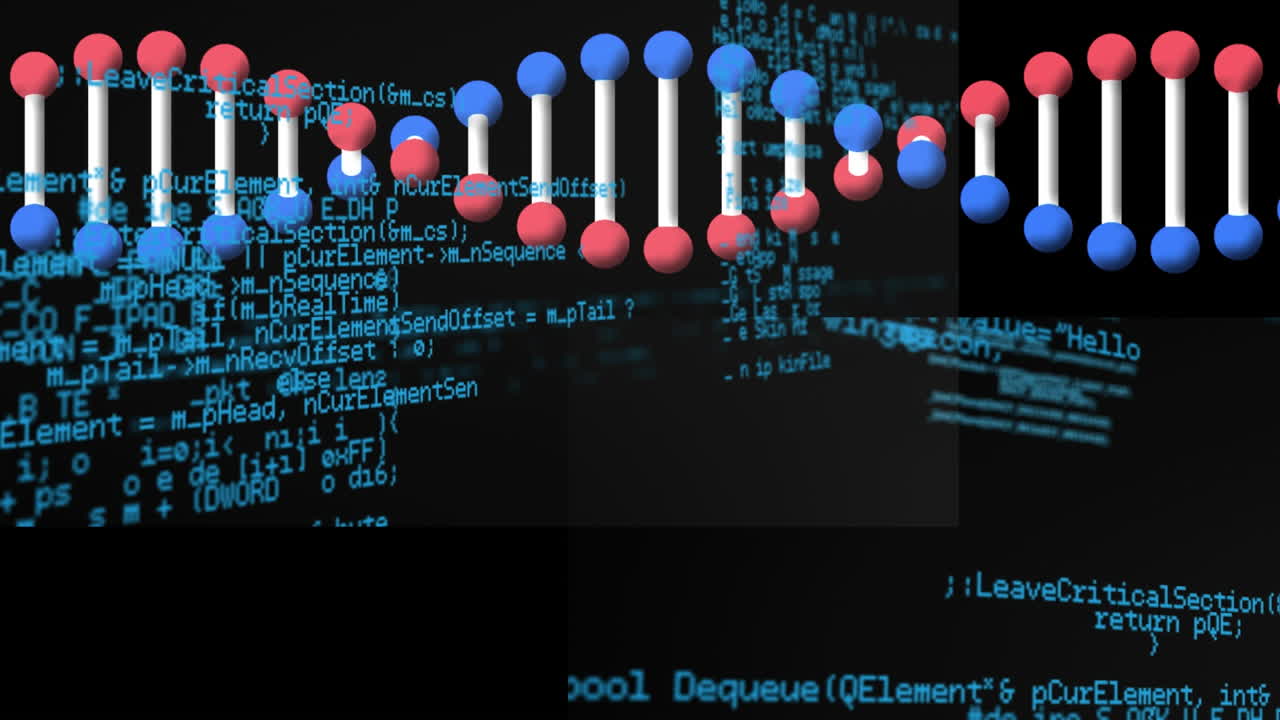 animación del procesamiento de datos sobre la cadena de adn sobre fondo negro