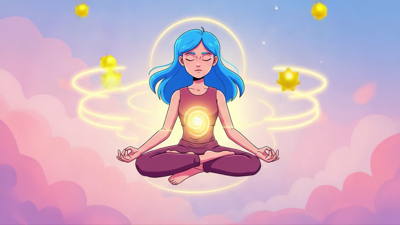 A serene young girl with blue hair meditates peacefully in a dreamy cloudscape, surrounded by swirling energy and a glowing core, exuding tranquility and inner strength