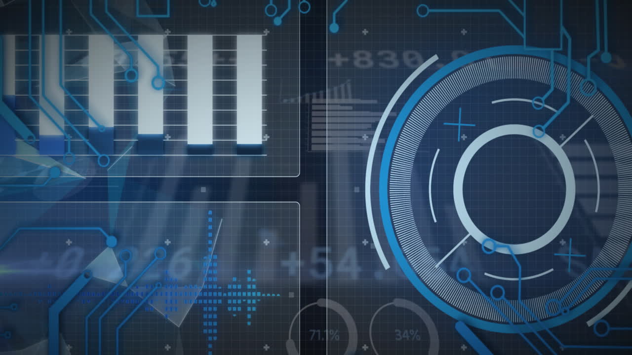 Animation of data processing with scope scanning on black background