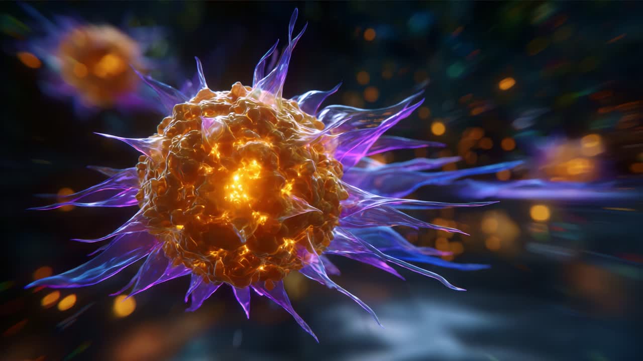 A Magnificent Close-up Display of a Vibrant Cell with Radiant Colors, Emphasizing Its Intricate Structure and Dynamic Energy in a Captivating Microcosmic Environment