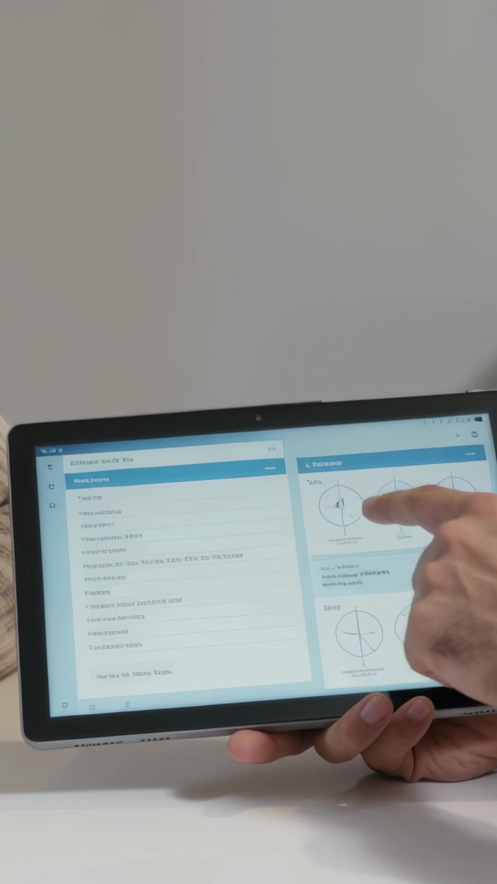 Vertical video: Holding tablet doctor in lab coat pointing, tapping list to explain care in clinic