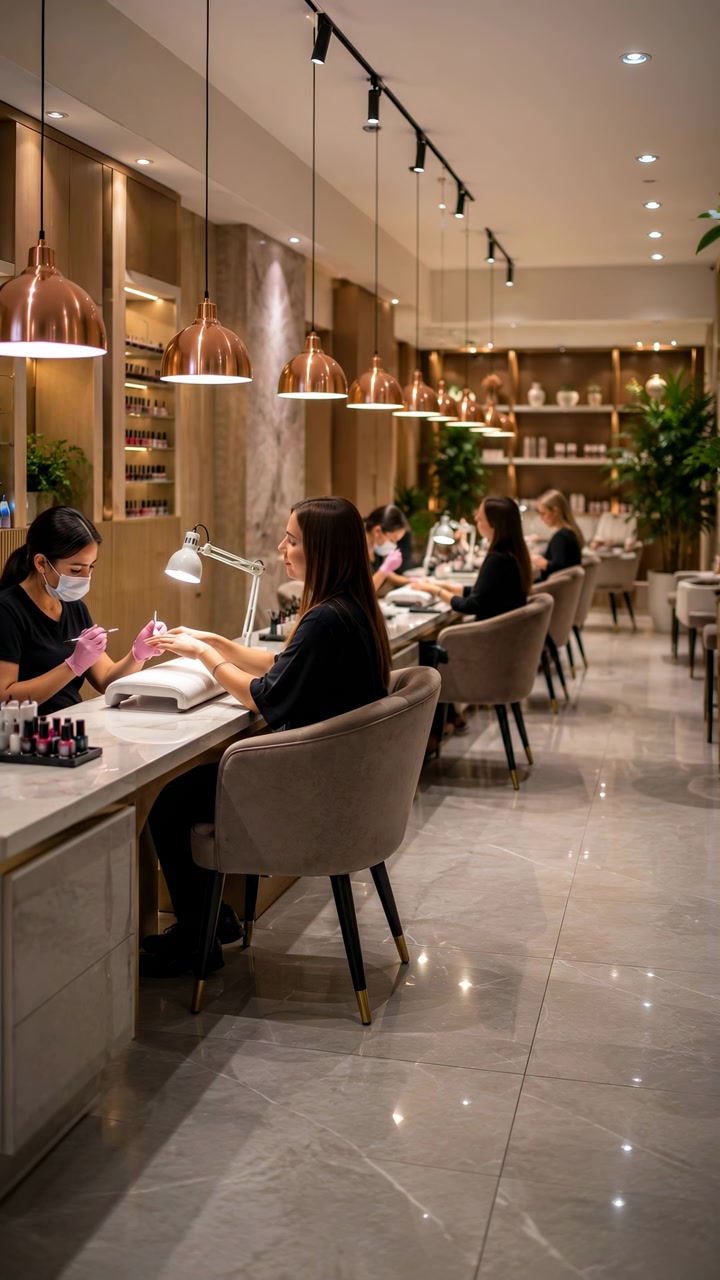 Tecnico che indossa mascherina e guanti rosa lima e lucida le unghie della cliente su un poggiapolso imbottito sotto una lampada da lavoro bianca, seduto a un bancone di marmo, con diverse postazioni manicure abbinate.