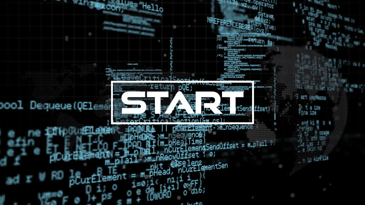 animación del texto de inicio y el procesamiento de datos sobre fondo negro