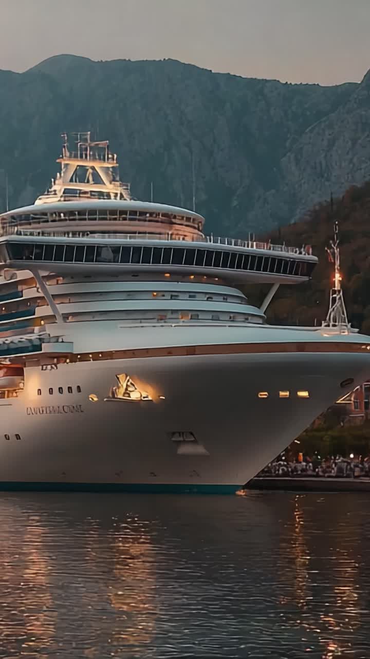 Majestætisk luksuskrydstogtskib lagt til kaj ved solnedgang, oplyst af bløde lys mod en baggrund af bjerglandskab, hvilket skaber en æstetisk maritim scene