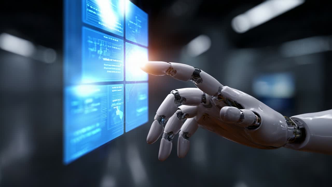 A Close-Up View of a Futuristic Robotic Hand Interacting with a Holographic Display, Highlighting Advanced Technology and Automation in a Modern Digital Environment