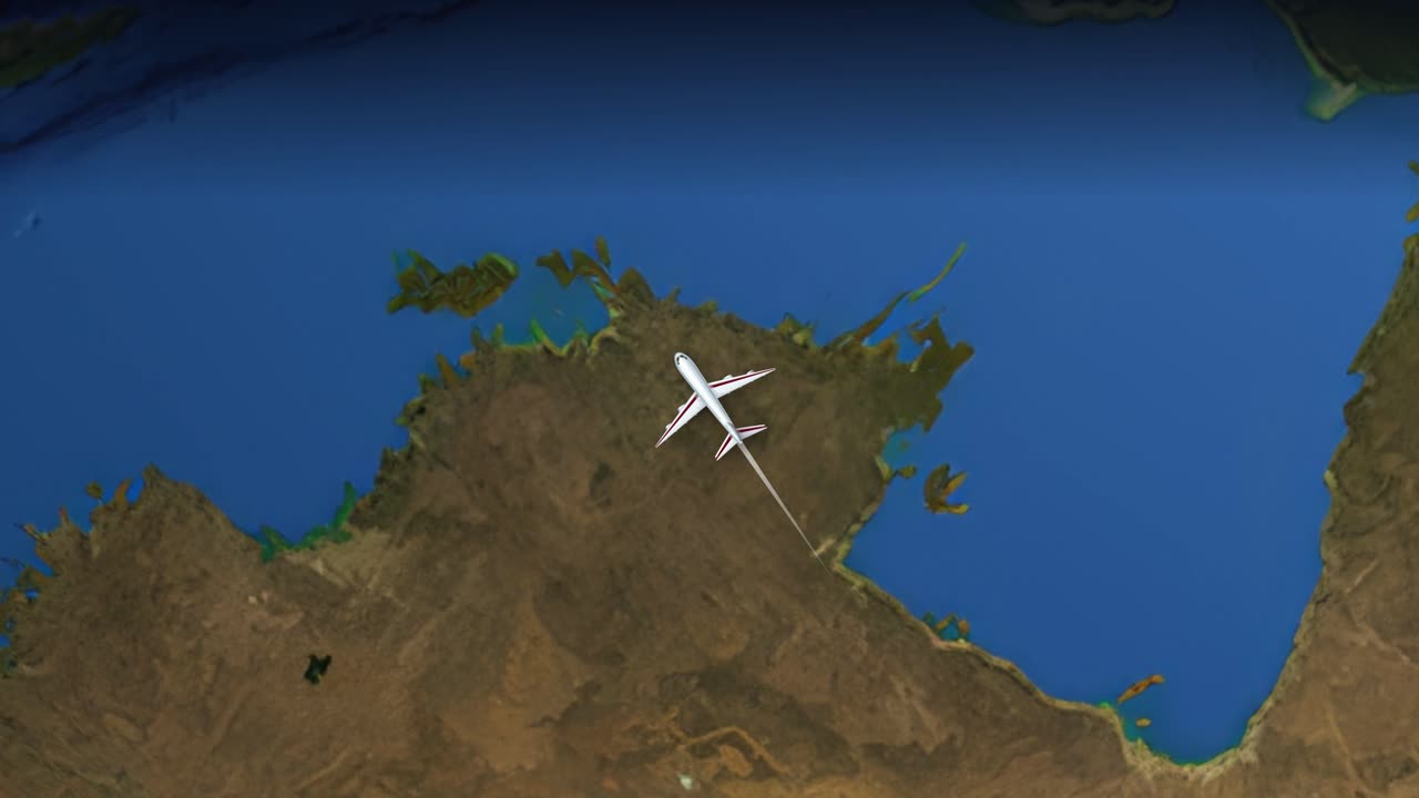 Un aereo commerciale vola attraverso un globo 3D da Sydney, Australia a Londra, Inghilterra.