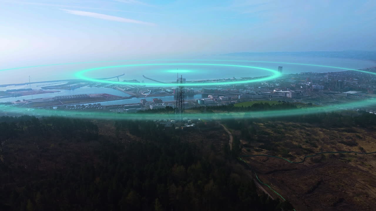 Aerial of 5G Antenna on Hill Emitting Pulsing 3D Glowing Radio Waves. Cellular tower with digital motion graphics representing signal transmission. Perfect for telecommunications, 5G technology