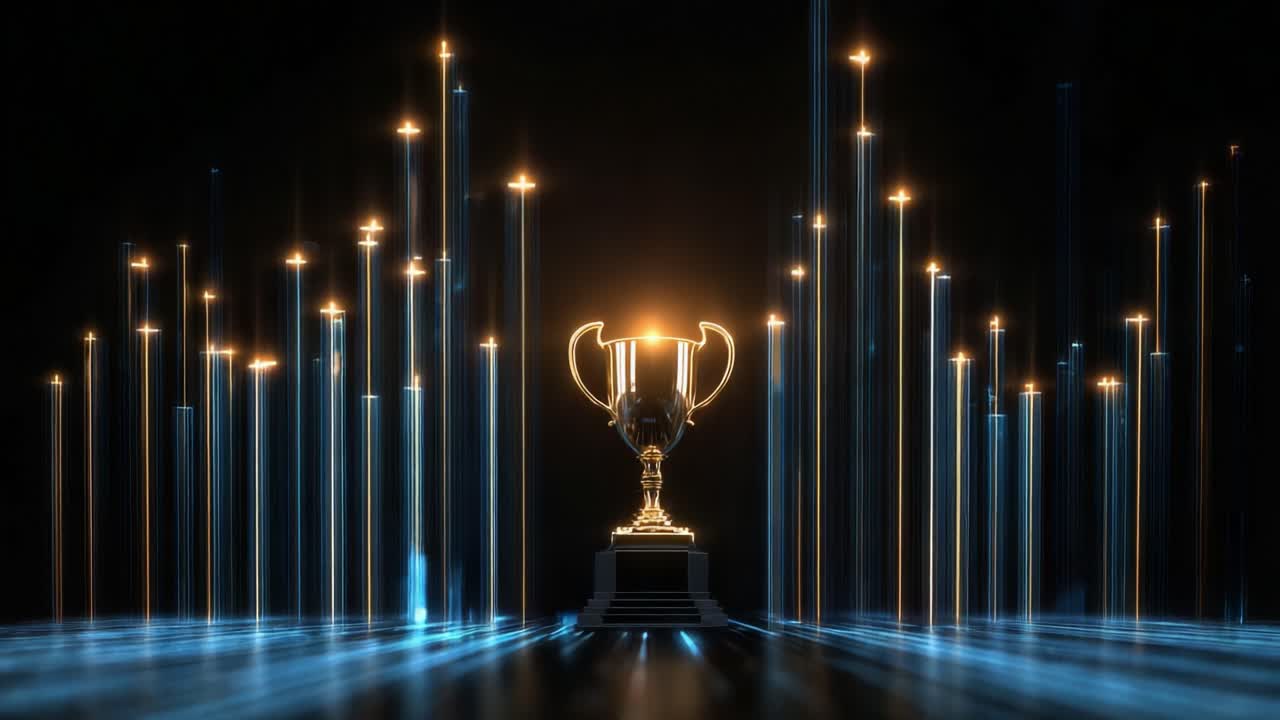 Golden trophy sitting on a pedestal surrounded by rising blue and yellow light streaks against a dark background, representing the pinnacle of achievement, awards, and championship celebration