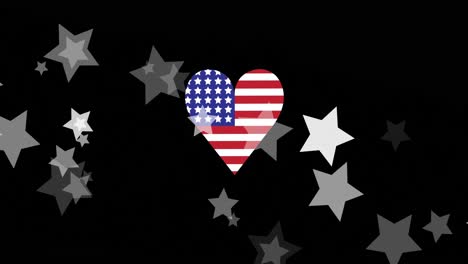 Animation-Von-Sternen,-Die-über-Das-Herz-Fallen,-Mit-Flaggenmuster-Der-Vereinigten-Staaten-Von-Amerika