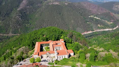 drone-shot-monastery-santo-estevo-of-ribas-of-sil,-ribeira-sacra,-nogueira-of-ramuín,-ourense,-galicia,-spain