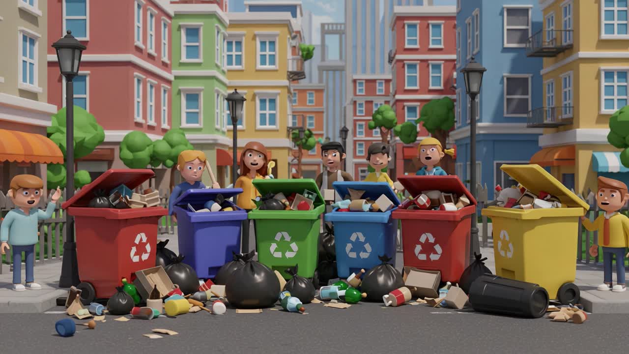 Animated scene depicting a group of characters reacting to overflowing recycling bins in a colorful urban environment, highlighting waste management and community engagement