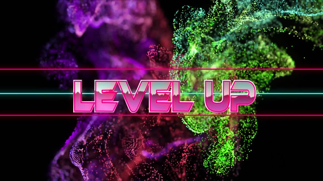 Animation of level up text banner over glowing purple and green digital wave on black background