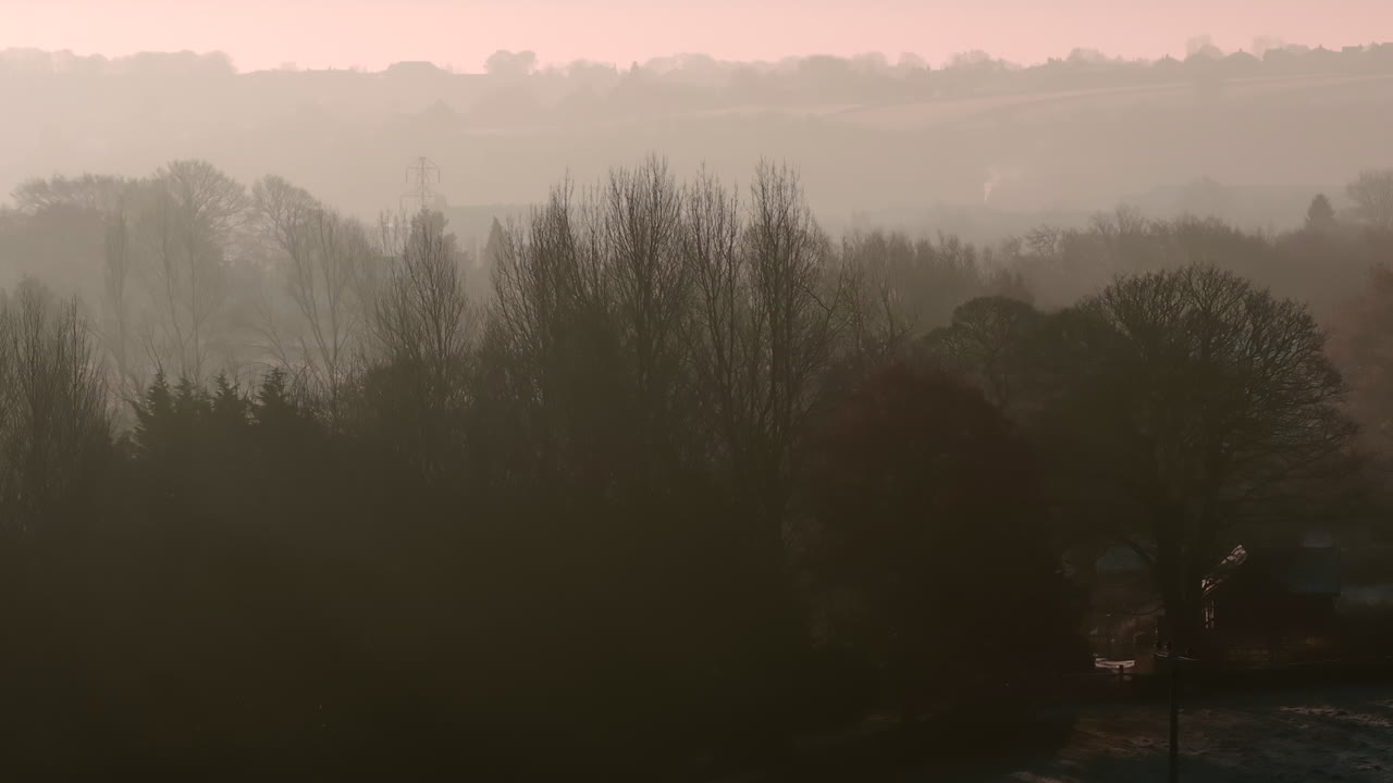Aerial Drone Shot with Long Lens of Winter Trees on Misty Morning at Sunrise 7x Lens
