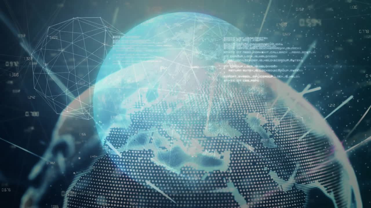 Cyan sphere rising, overlaying dotted globe, globe rotating, data streaming mapping network