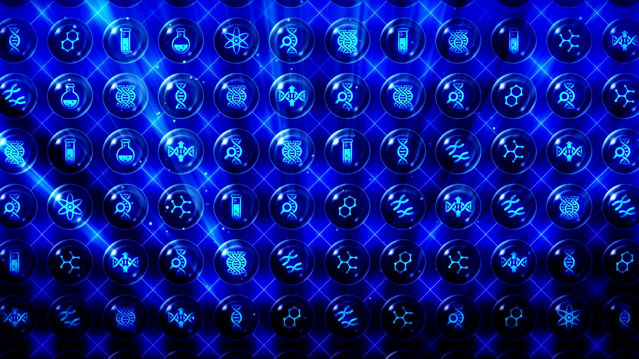 conjunto de iconos genéticos, antecedentes de biotecnología, animación de bucle cg,