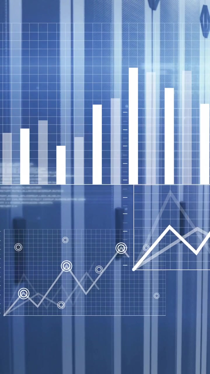 Animazione di elaborazione dati su rack di server in un moderno data center