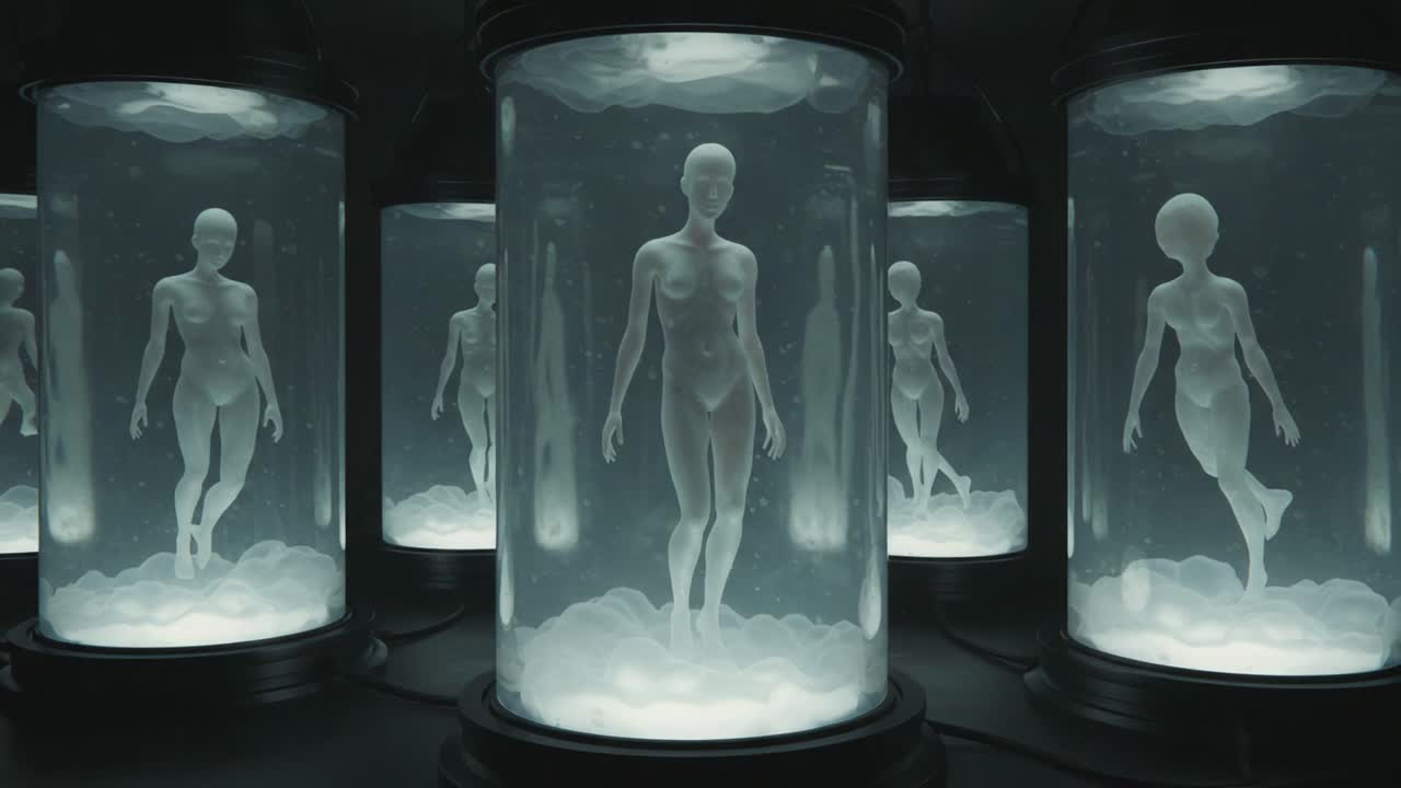 Exploring the Encapsulation of Human-like Figures in Transparent Chambers: A Glimpse into a Futuristic Concept of Life in Preserved Suspension
