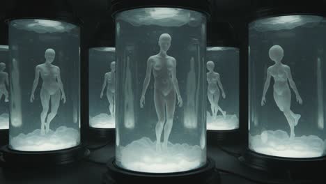 exploring the encapsulation of human-like figures in transparent chambers: a glimpse into a futuristic concept of life in preserved suspension